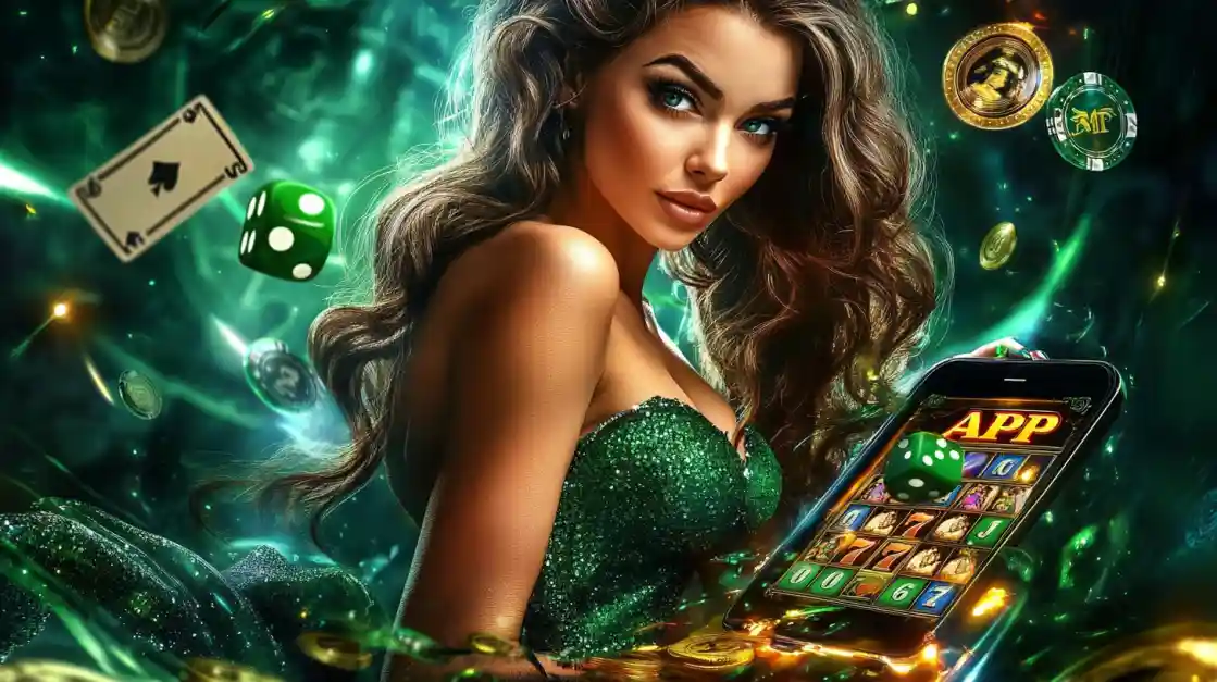 An enchanting woman surrounded by cards, dice, and coins, alongside a smartphone featuring the kkbd gaming app.