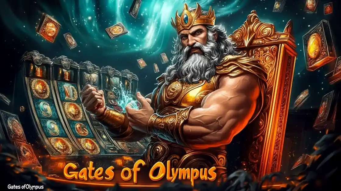 A majestic Zeus figure on a golden throne, surrounded by floating cards and a kkbd slot machine, with Gates of Olympus prominently displayed, inviting players to a mythical gaming experience.