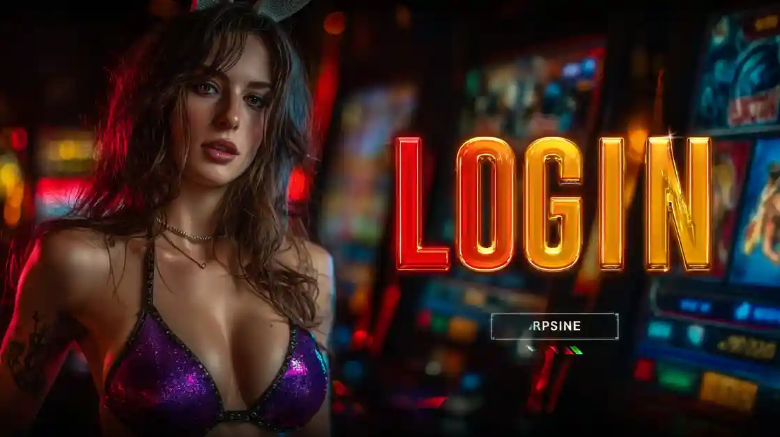 A captivating woman stands beside a LOGIN interface, with kkbd slot machines softly blurred in the background, inviting users to enter the world of kkbd.