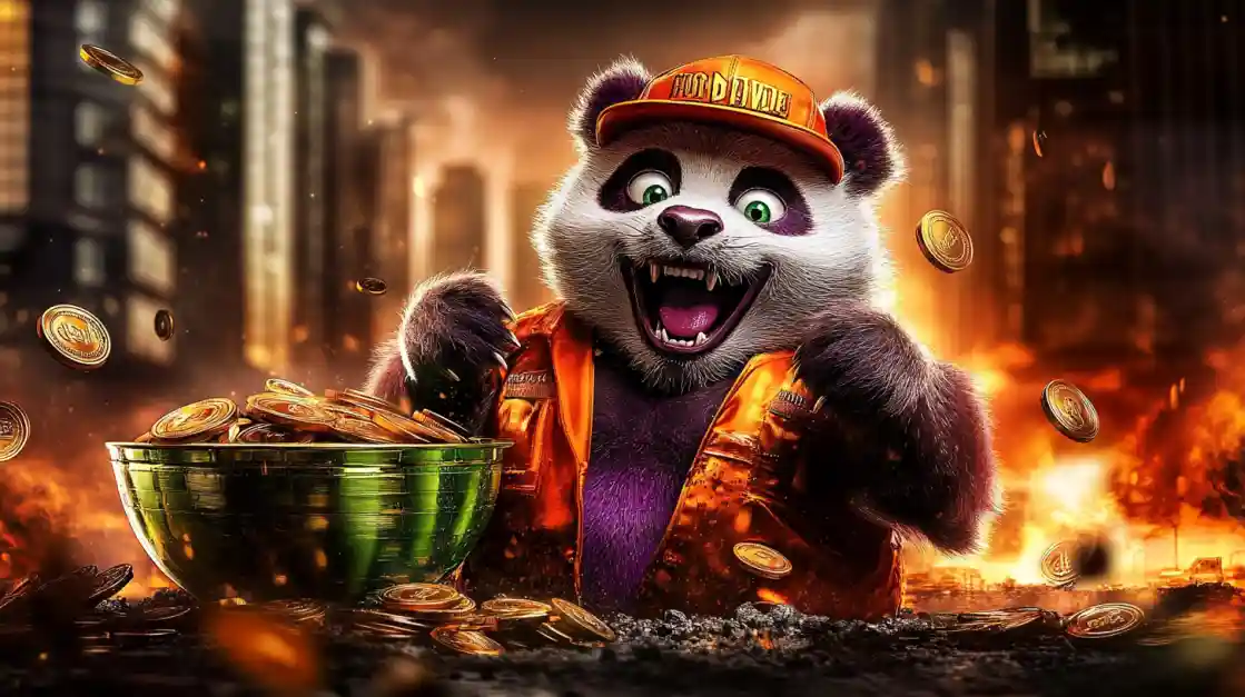 A cheerful panda character surrounded by golden coins, symbolizing wealth and good fortune with kkbd.