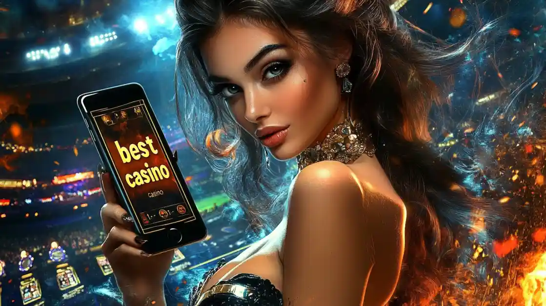 A woman holding a phone showcasing the kkbd casino app in a vibrant stadium-like setting.