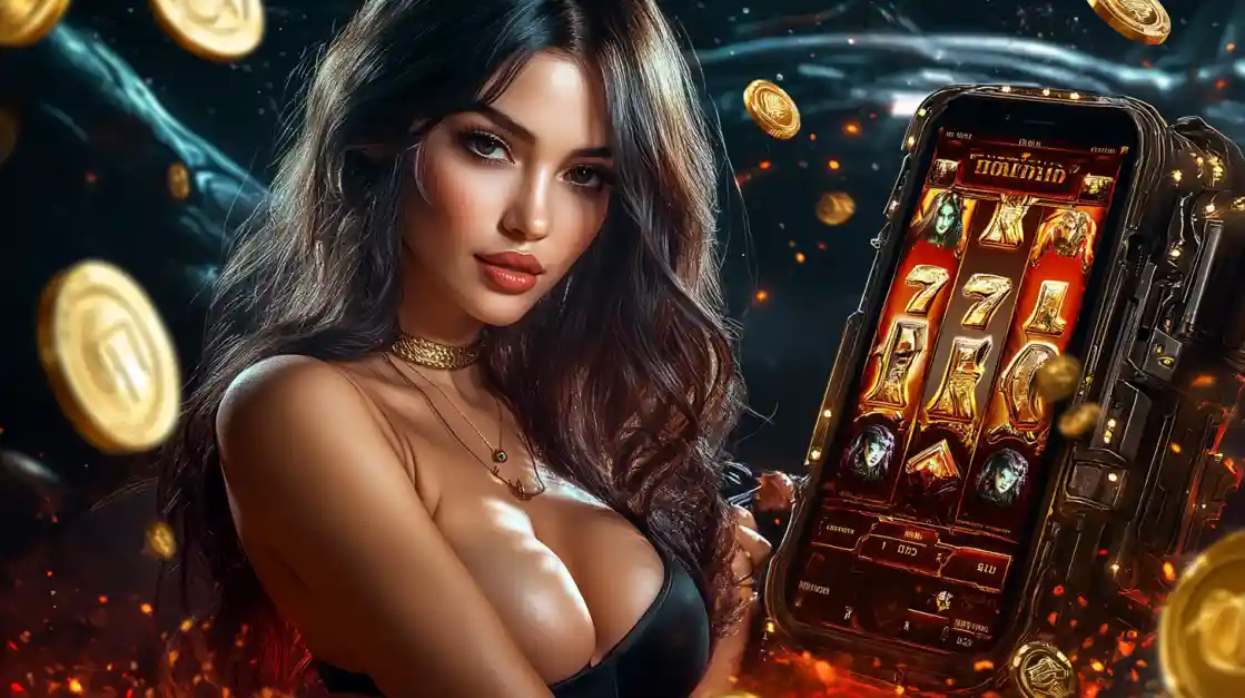 A confident woman holds a smartphone displaying a kkbd mobile slot game with 777 symbols and golden coins.